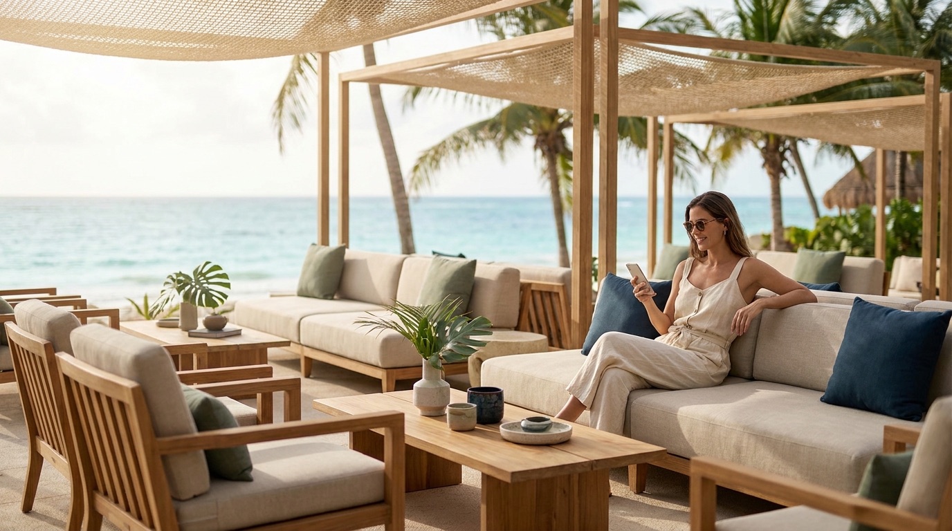 A guest relaxing on a beachfront lounge terrace, using her phone
