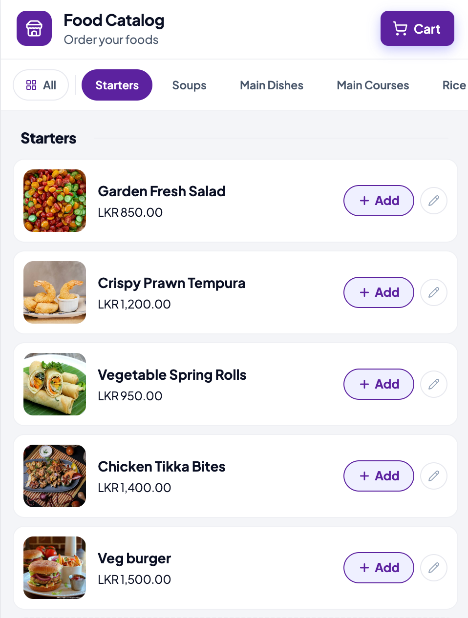 Hello.Ai in-chat food catalogue with starters and Add buttons