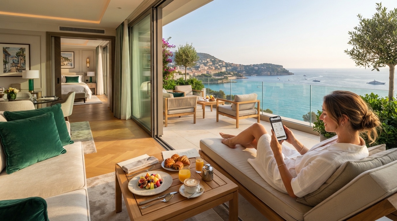 A guest relaxing on her suite terrace above the sea, using her phone